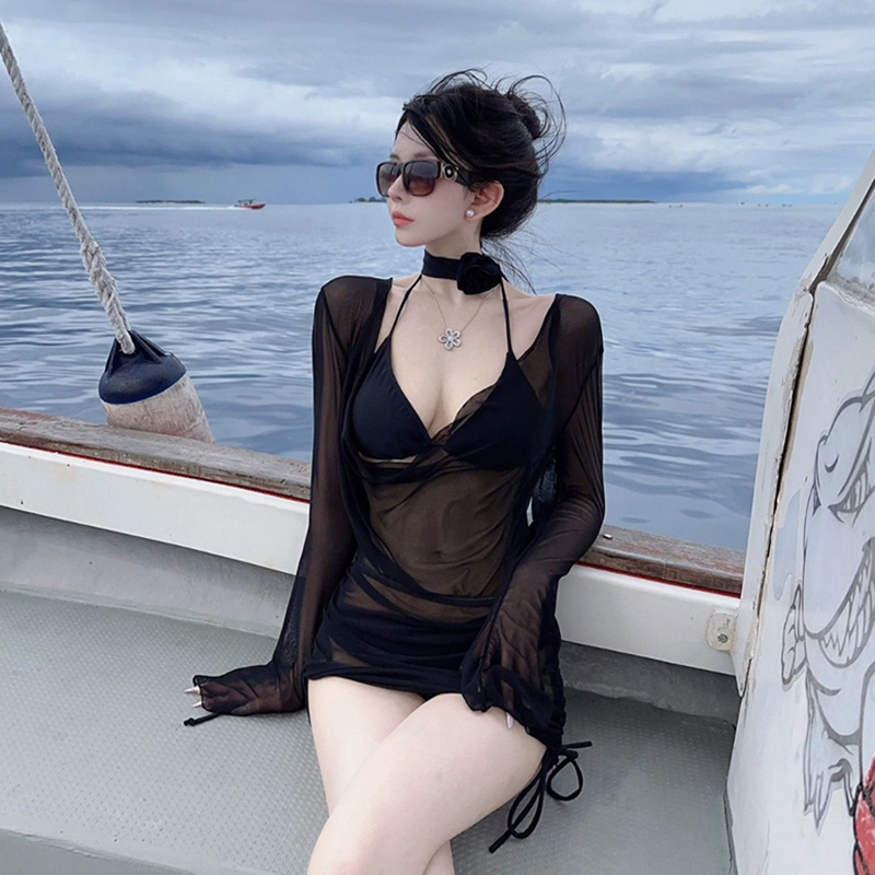 Elegante costume da bagno da donna stile dea, bikini a tre pezzi con maniche lunghe e coulisse, protezione solare in rete, sensazione di alta qualità._voghion.com