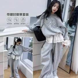 女童春装套装2025新款儿童春秋季女孩蝴蝶结蕾丝花边洋气两件套潮