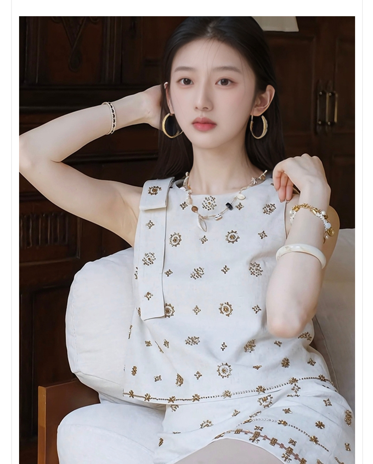 Bộ váy và áo vest không tay đính cườm phong cách Pháp sang trọng mùa hè ZX N4050 — Váy nửa, Áo ba lỗ chi tiết 2