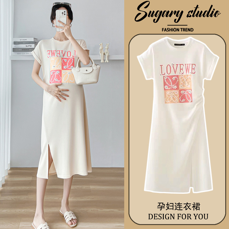 Pregnant women summer short sleeve split fashion loose summer thin dress 2024 new style small skirt summer