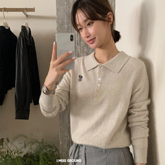 imiss2025秋季新款韩系卡通图案polo领长袖针织衫女百搭套头毛衣