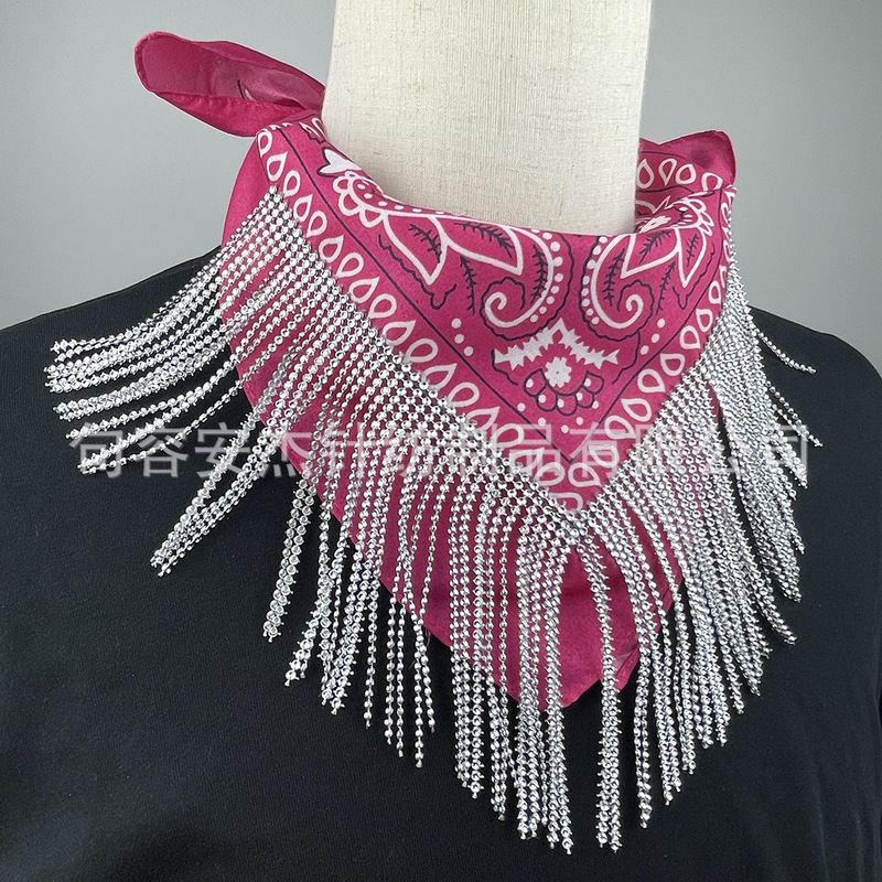 fringed bandana imitation diamond tassel square polyester cashew flower Party wedding scarf with diamond tassel