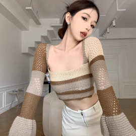 2026辣妹性感条纹针织衫女装夏季纯欲风露背绑带套头方领毛衣上衣