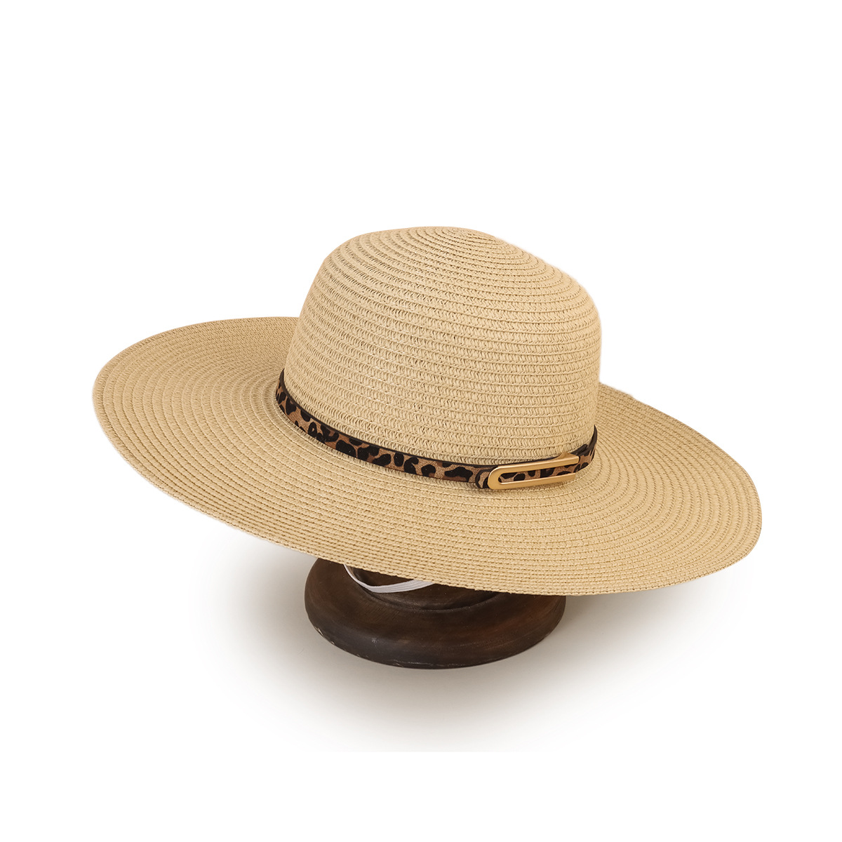 Sombrero beige verano nueva moda de ala ancha a prueba de sol sombrero fresco de moda femenina cinturón de estampado de leopardo coreano sombrero de paja de ala grande Masculino