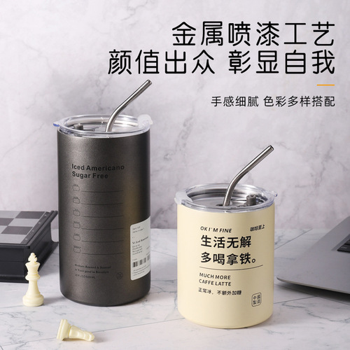 American coffee cup stainless steel cold insulation cup with black portable cup accompanying straw water cup wholesale