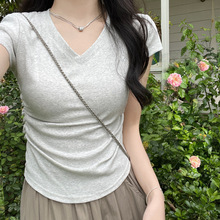 v领短袖t恤女2026新款爆款夏季修身短款紧身小个子正肩甜辣小上衣