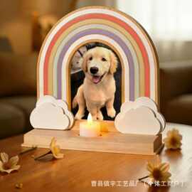 跨境木质宠物相框带烛台彩虹造型猫咪狗去世纪念相框宠物相框摆台