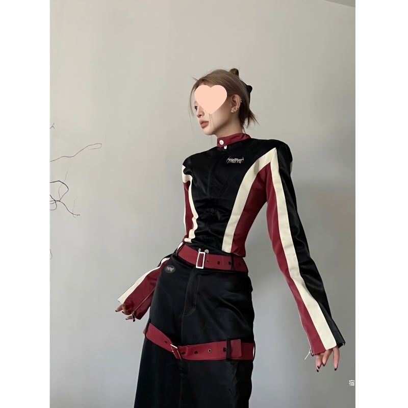 Pure Desire Hot Girl Color Block Waist Leather Jacket Jacket Western Style Slimming Half Skirt Autumn New Suit for Women