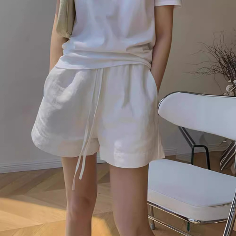 White Cotton-Linen Sports Wide-Leg Shorts for Women, Summer Thin Style with Elastic Waist and Drawstring, Petite A-Line Linen Knee-Length Shorts