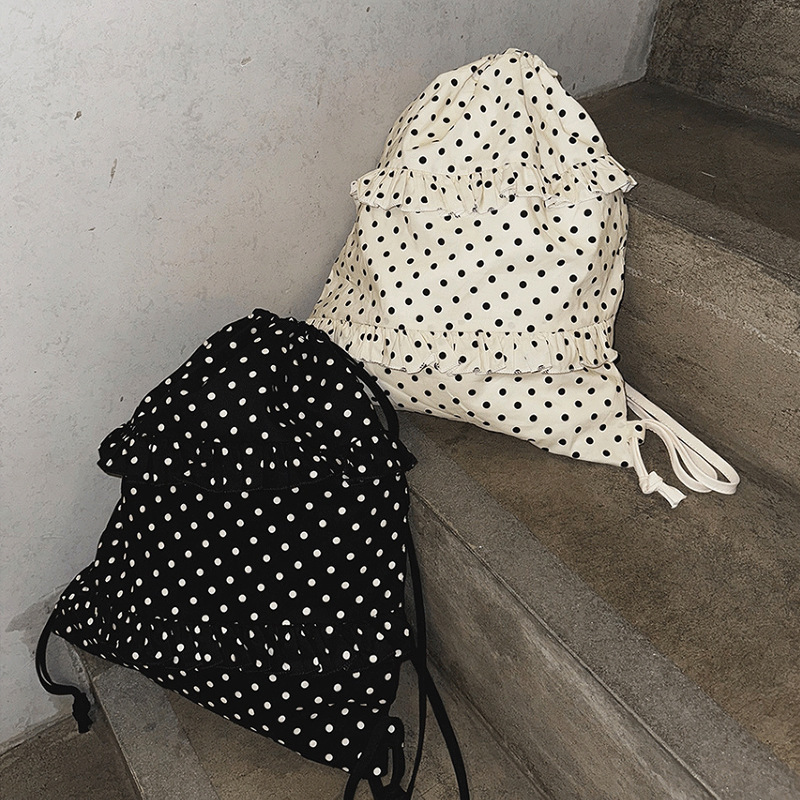 Korean New Drawstring Polka Dot Print Patchwork Pleated Lace Drawstring Pocket Backpack Large Capacity Simple Backpack