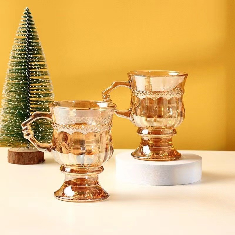 复古欧式水杯茶杯家用玻璃杯带把手酒杯高颜值咖啡杯伴手礼玻璃杯