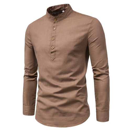  Cross-border Overseas Trade Men's Fashion Slim Fit Solid Color Long Sleeve Business Stand Collar Cotton Linen Semi-Open Men's Shirt