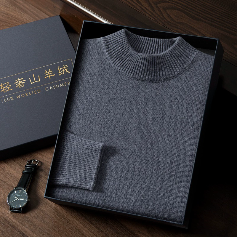 Demi-season solid cashmere knitted sweater, high collar, increased thickness