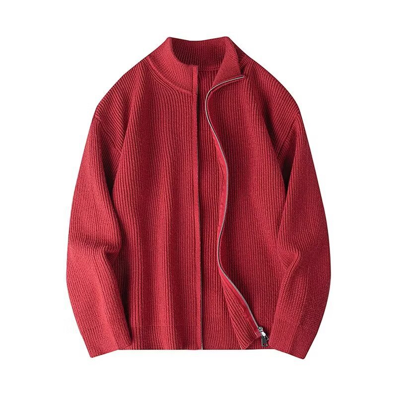 Solid Color Double Zipper Cardigan Knitwear Men's Autumn and Winter Knitwear American Casual Lazy Style Knitted Jacket
