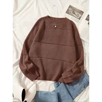 Solid Round-Collar Knit Sweater, Brown, Oversized Style, Sizes 1XL–5XL