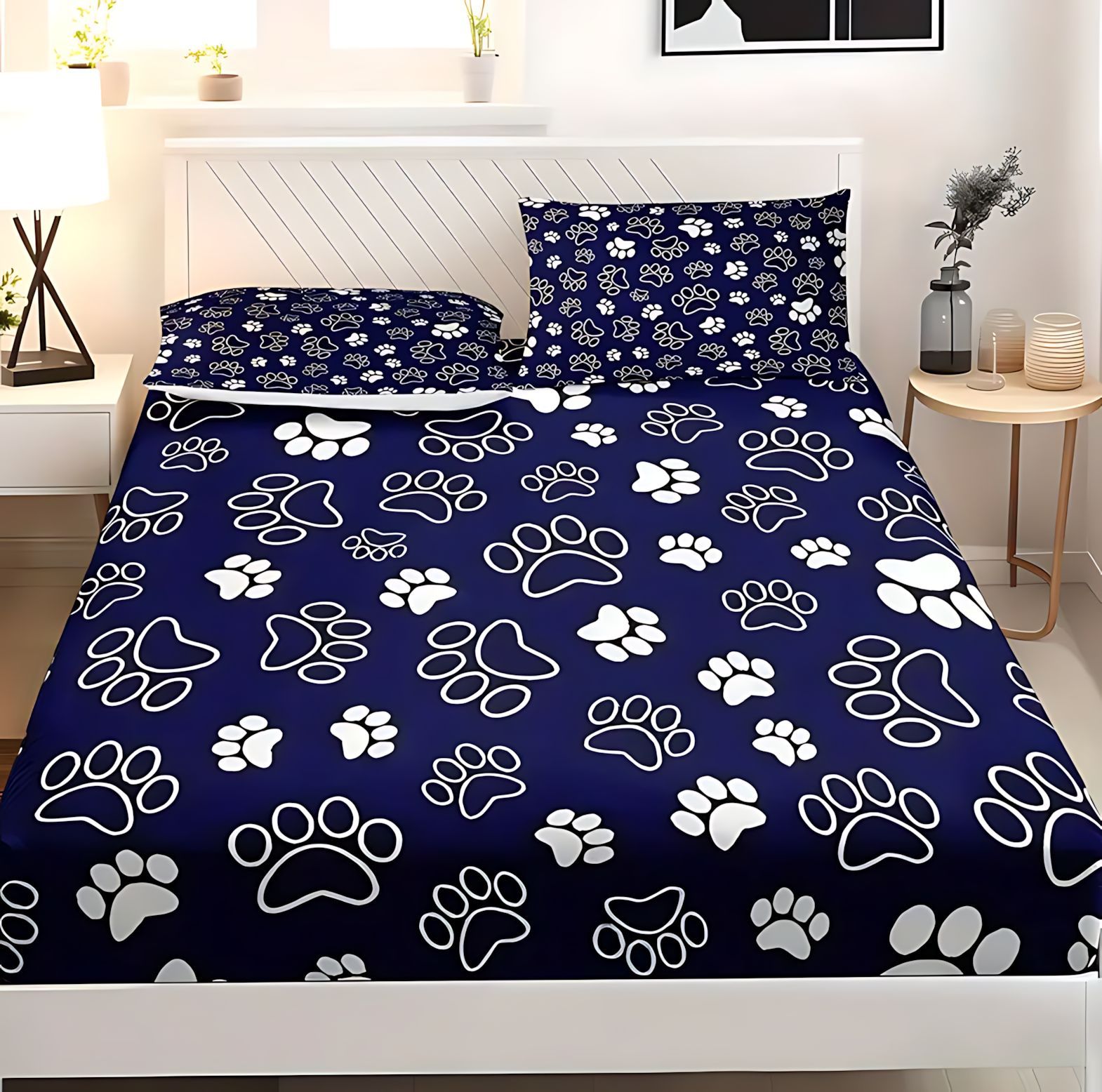 TEMU / JIT Cross-border cute puppy footprint pattern suave cama cómoda camisa colchón set de ropa de cama