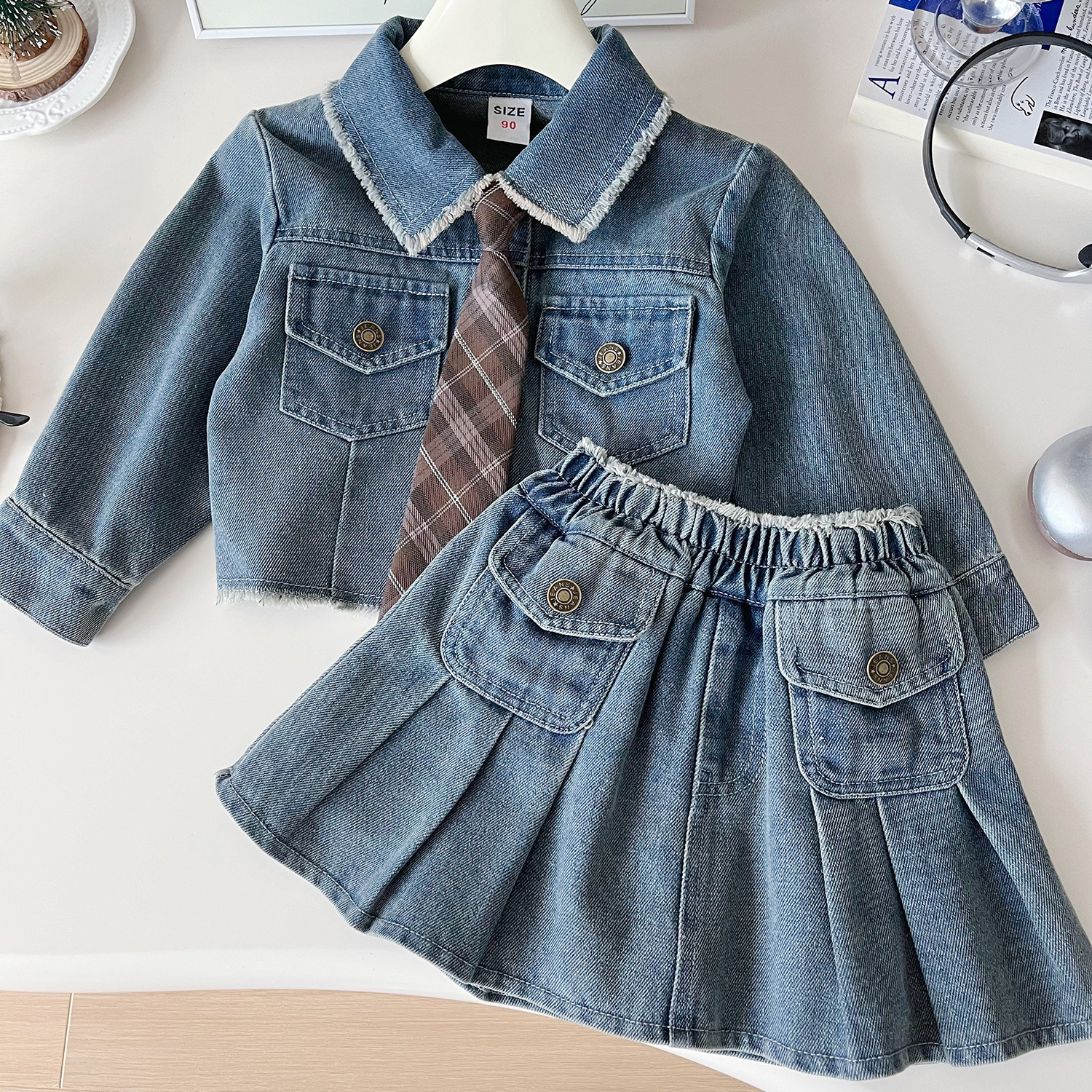 Girls Korean Style Denim Jacket And Skirt Two Piece Set For Autumn_voghion.com