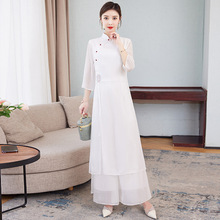 2022春夏新款復古中國風改良旗袍純色中式雪紡連衣裙兩件套套裝女