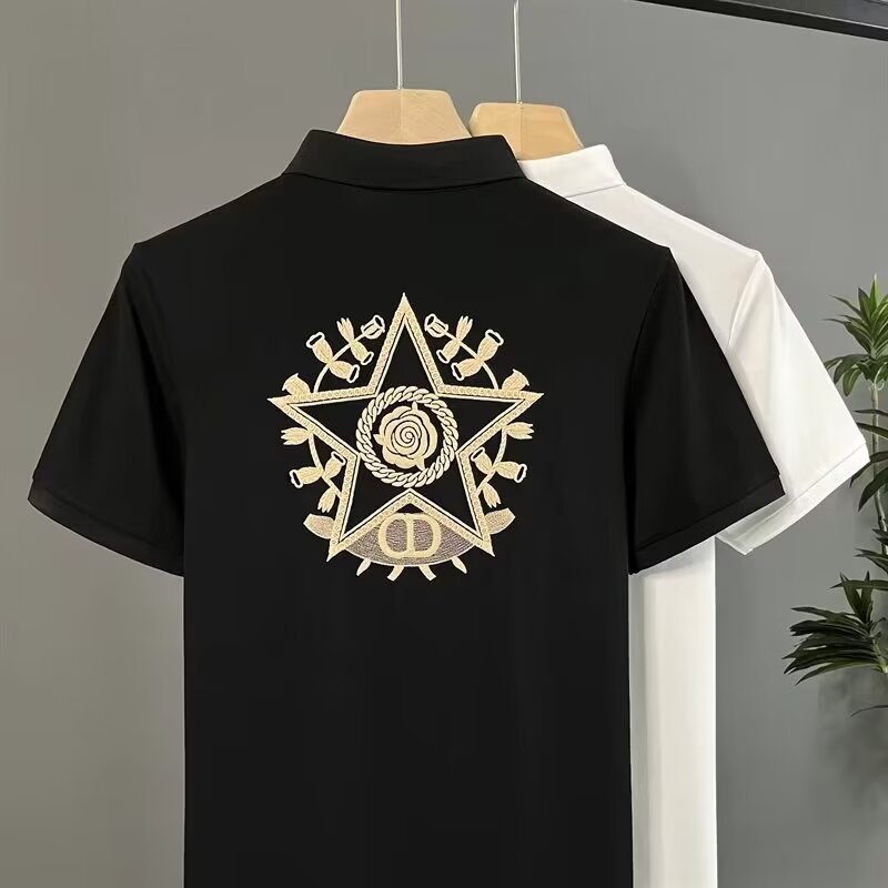 Summer New Short-Sleeved T-Shirt Five-Pointed Star Print Men's Slim Polo Shirt Breathable Trendyy Casual Business Top