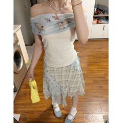 套装女2025夏季新款辣妹度假风一字肩修身短款T恤上衣碎花半身裙