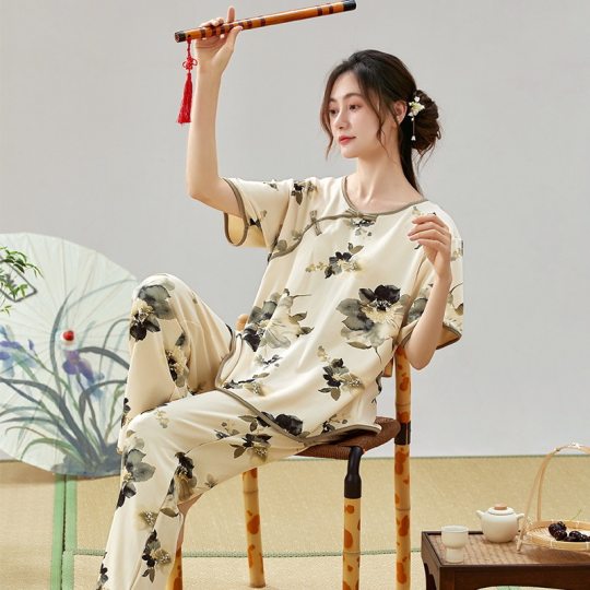 New Chinese Style National Style Pajamas Short-sleeved Trousers Summer Thin Antique Hanfu Cotton Home Clothes suit Women's Outer Wear