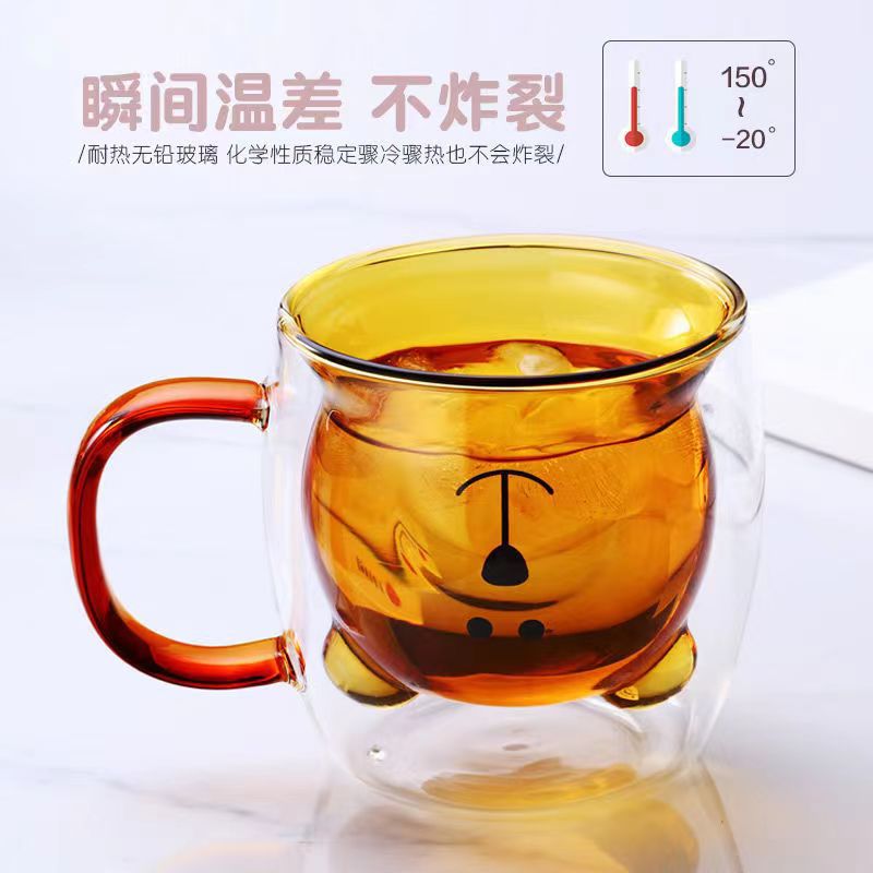 Internet celebridad lindo ins doble capa de vidrio con mango oso taza de café del hogar taza de beber taza de jugo de leche