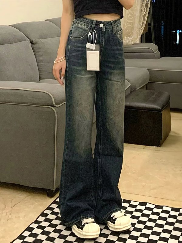 复古微喇牛仔裤女秋冬新款胖妹妹mm梨形身材高腰宽松显瘦阔腿长裤|undefined