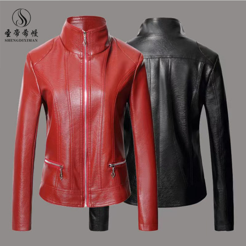 New autumn and winter middle-aged and elderly mother's clothing thickened and cotton short leather jacket slim fit pu leather jacket one piece drop shipping