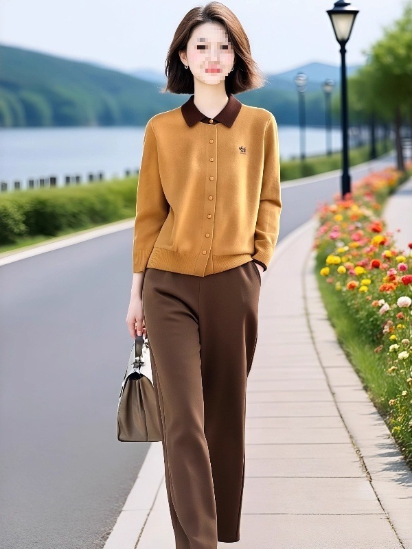 今年流行百搭2025年新款洋气撞色薄款翻领针织衫+直筒裤两件套秋|undefined