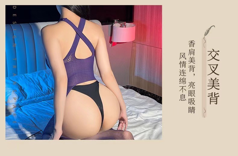 Black Sheer Mesh Bodysuit with Open-Crotch Design and Matching Stockings, One Size — detail image 10