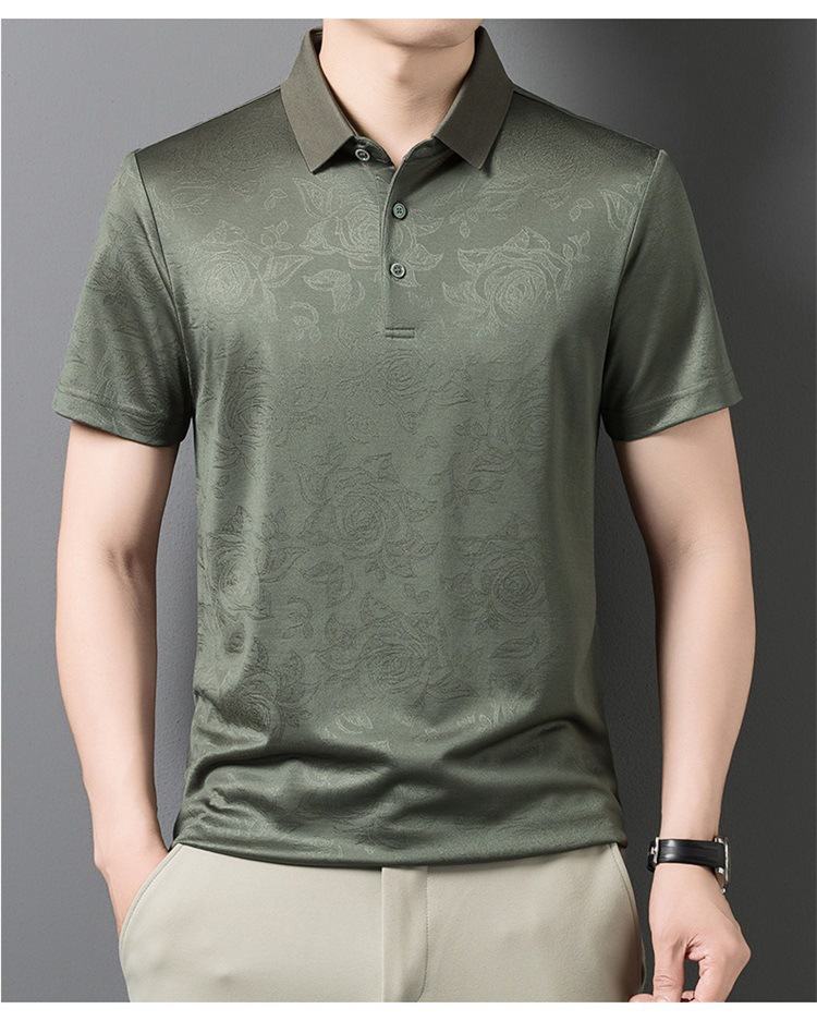Áo polo nam tay ngắn lụa tơ tằm cao cấp cổ bẻ jacquard họa tiết nổi — Xanh lá cây 9607 chi tiết 16