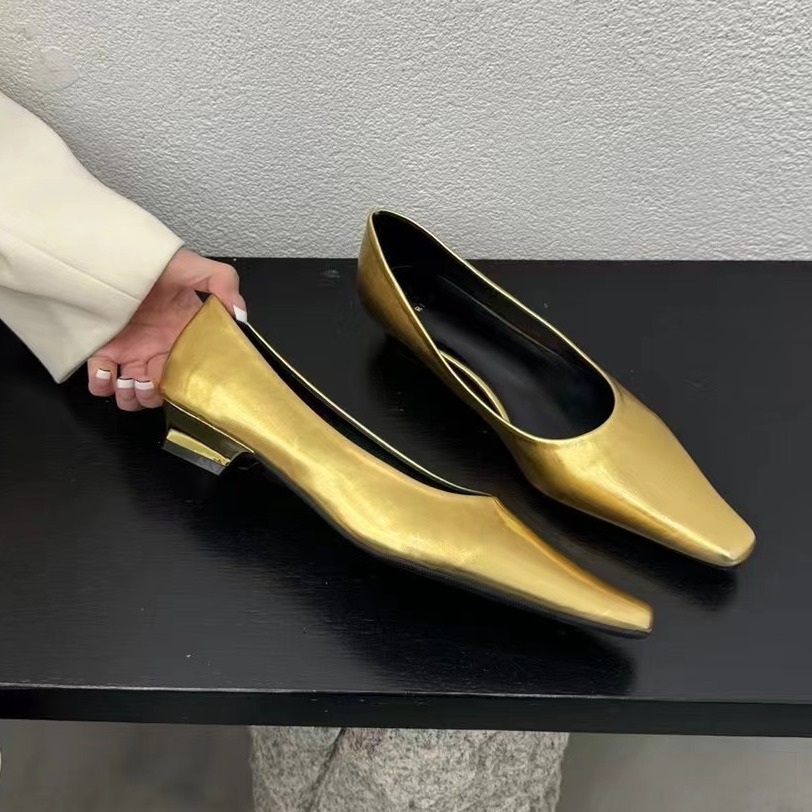 Dasu Korean Gold Flats 2024 Spring & Fall New Style Small Square Toe Shallow Mouth Thick Heel Work Clothing Versatile Non-Tiring Foot Scoop Shoes