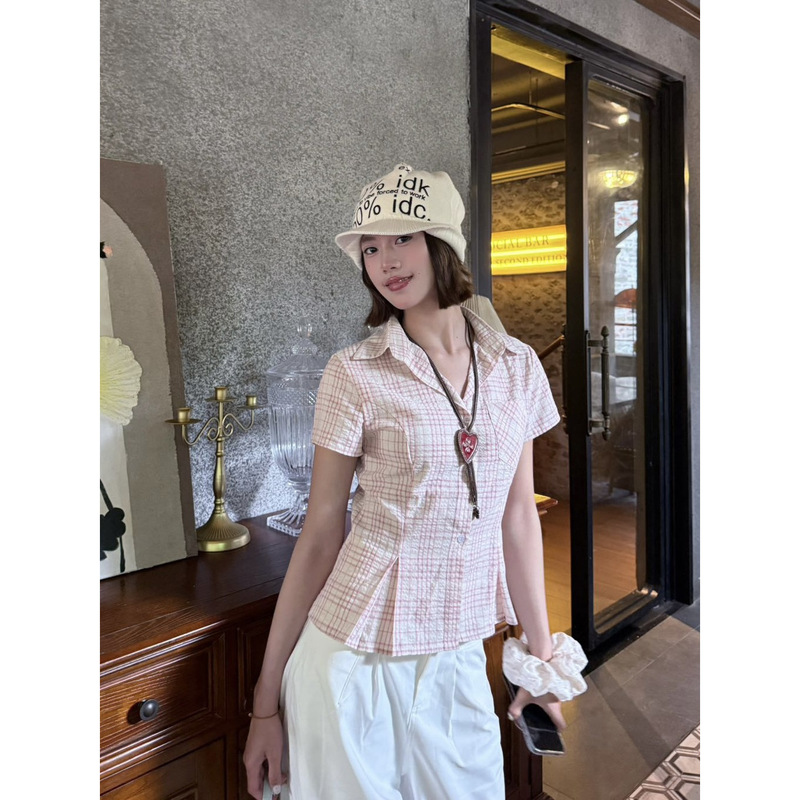 粉色格纹口袋polo领短袖衬衫女夏季学院风甜辣妹修身显瘦正肩上衣|undefined
