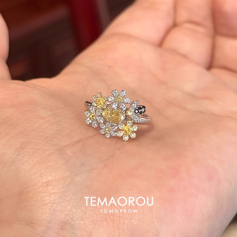 "Secret Garden" Autumn Yellow Diamond Small Flower Ring Light Luxury High-End Open Index Finger Ring Socialite Style Ring