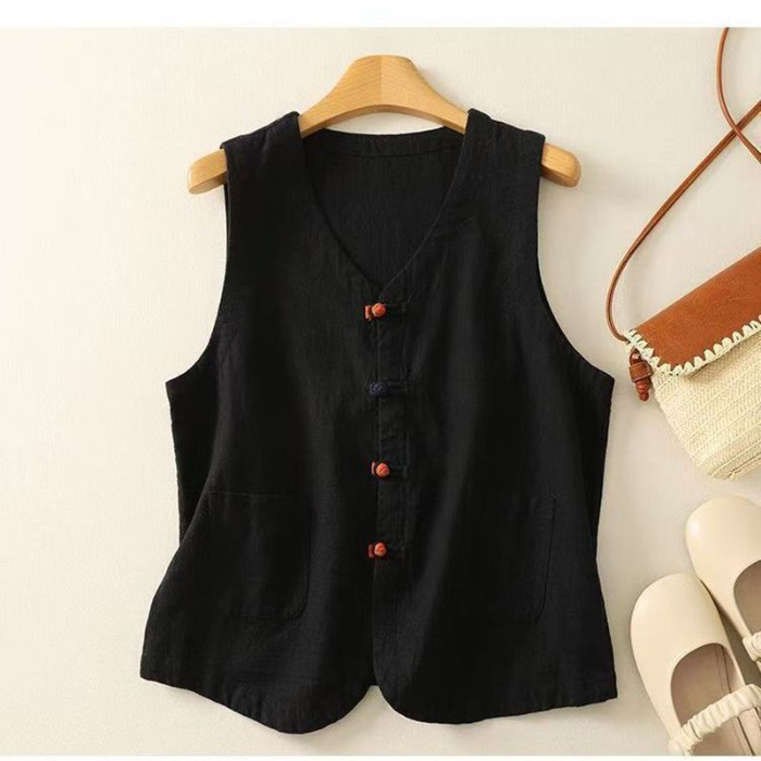 Casual estilo japonés chaleco de lino de verano delgado suelto chaleco de botón de cuello en V simple chaleco protector solar