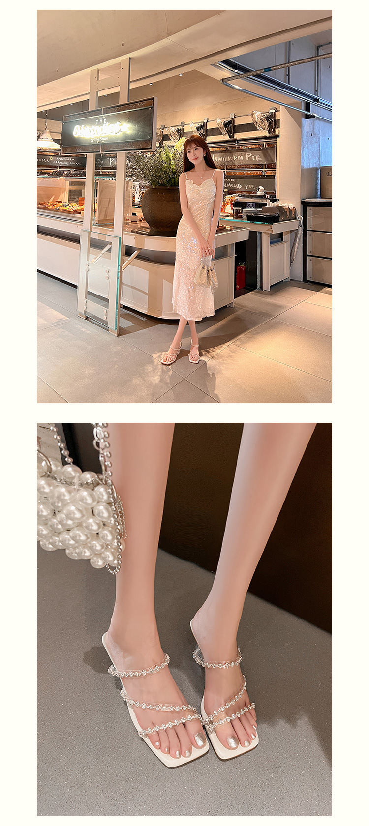 Sandal nữ quai mảnh đính đá mũi vuông hở mũi gót cao trong suốt đế xuồng — trắng chi tiết 13