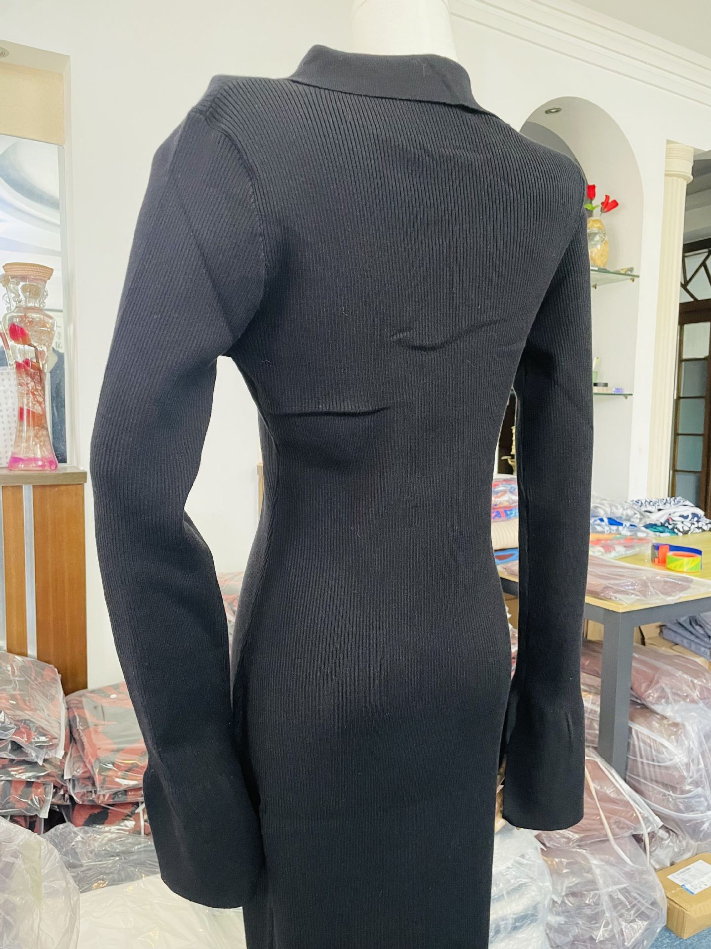 Women Clothing Long Sleeve Dress Women Knitted Deep V Plunge Sweater Maxi Dress