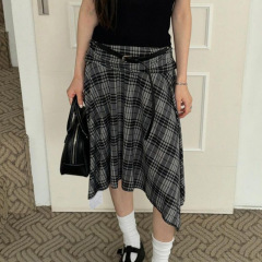 欧美学院风格纹撞色不规则少女半身裙复古低腰百搭显瘦休闲中长裙