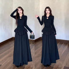 大码胖妹妹新中式立领盘扣长袖连衣裙女极简盘扣黑色长款蓬蓬裙女