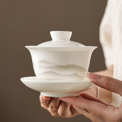 羊脂玉白磁の三才蓋の高級なお茶の碗の単一の大容量の手作りの徳化の陶磁器の杯のお茶の器