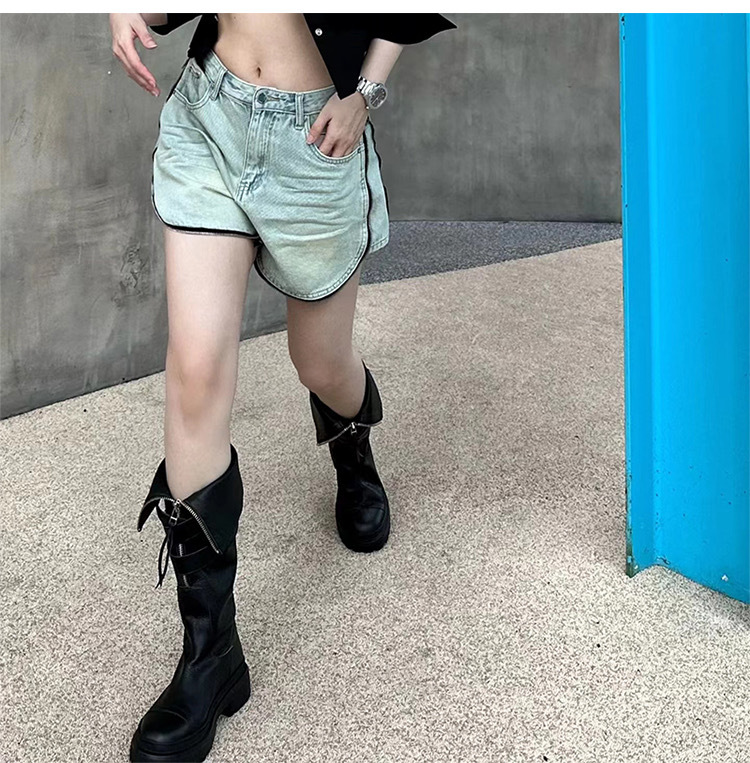 Women's Martin Boots, Made Of Genuine Leather, Knee-high Design, With Belt Buckles, Thick Soles, Suitable For Motorcycle Riding, High-top Style._voghion.com