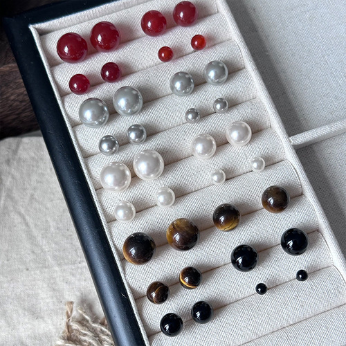 S925 Pure Silver Agate and Pearl Earrings Set 2024 New Arrival Versatile Round Ball Earrings Basic Style Earrings Wholesale