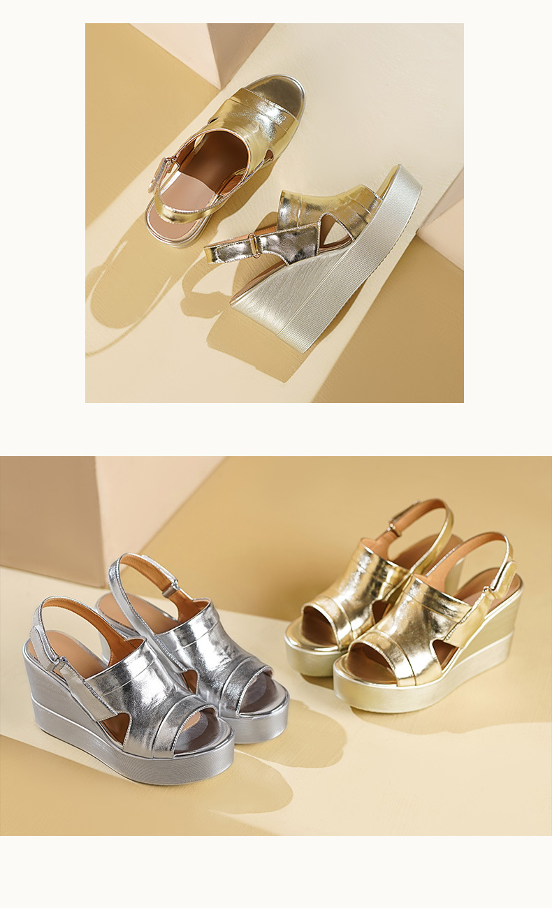 Sandal hở mũi nữ đế xuồng cao gót màu bạc phong cách La Mã đế dày độn cao — Màu vàng, Màu bạc chi tiết 6