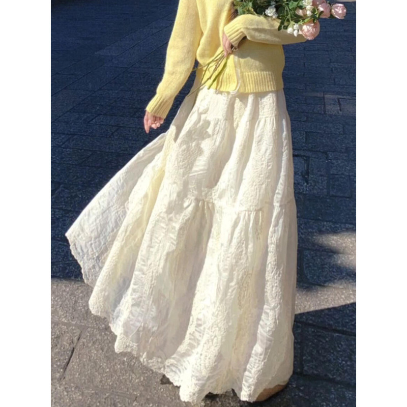 White Lace Cake Skirt for Women, New Autumn and Winter High-Waisted A-Line Flared Skirt, Pure Desire Style, Mid-Length Jacquard Skirt White Lace Cake Skirt for Women, New Autumn and Winter High-Waisted A-Line Flared Skirt, Pure Desire Style, Mid-Length Jacquard Skirt