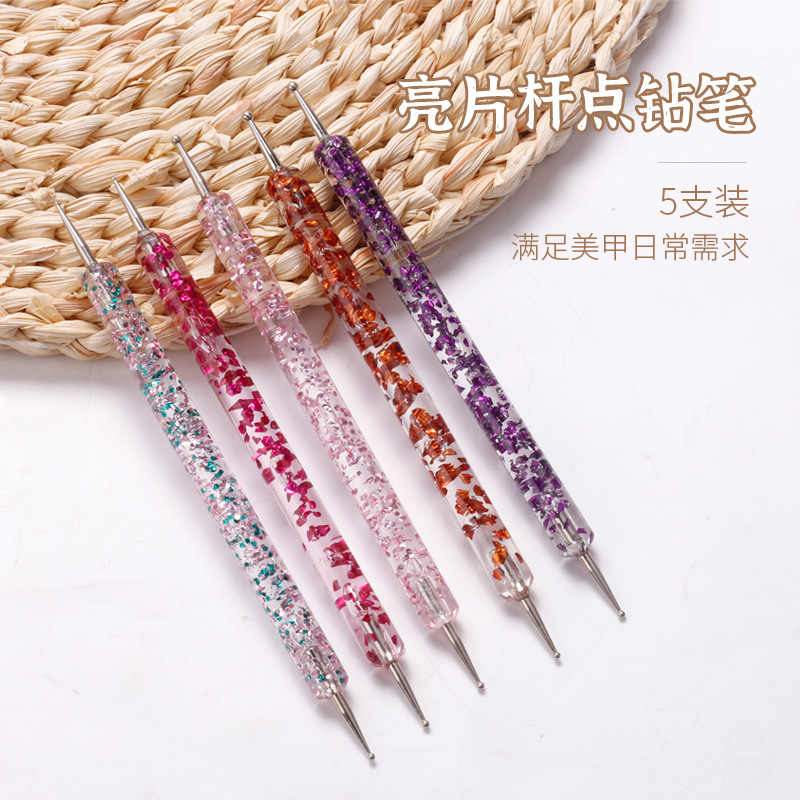 Herramientas de uñas 5 Unids lentejuelas Varilla punto taladro pluma de doble cabeza de diamantes de imitación de pintura de color punto de la pluma de Cristal Varilla de uñas de arte traje de la pluma