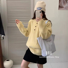 韩系纽扣半开领连帽针织衫女中长款慵懒风宽松休闲套头毛衣卫衣潮