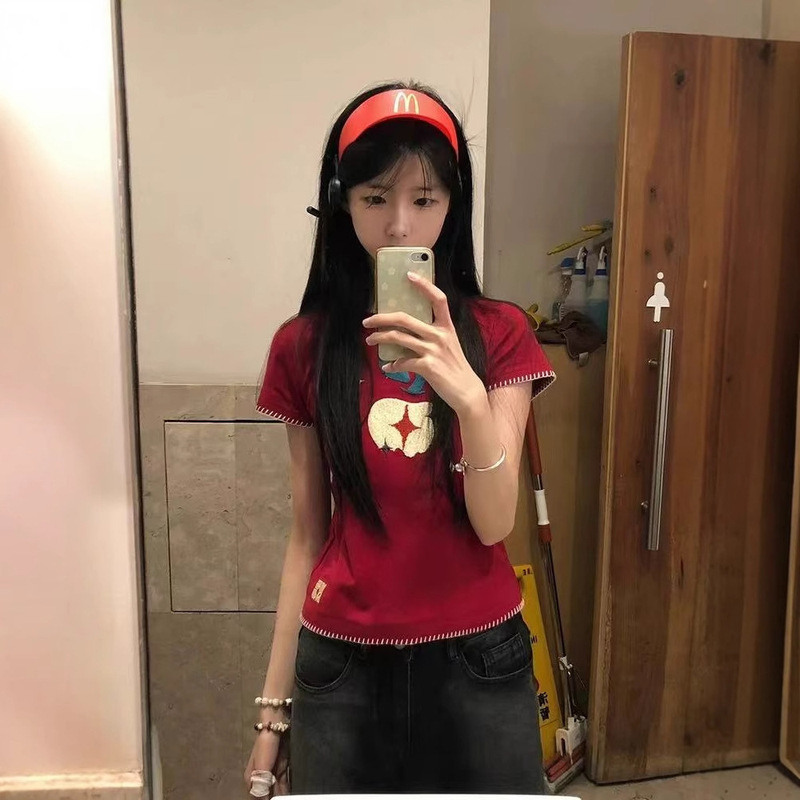 Nstnew Start Germination Plan "Color Apple" Embroidered Right Shoulder Slim Trendy Brand Retro Short-Sleeved T-Shirt for Women Nstnew Start Germination Plan "Color Apple" Embroidered Right Shoulder Slim Trendy Brand Retro Short-Sleeved T-Shirt for Women