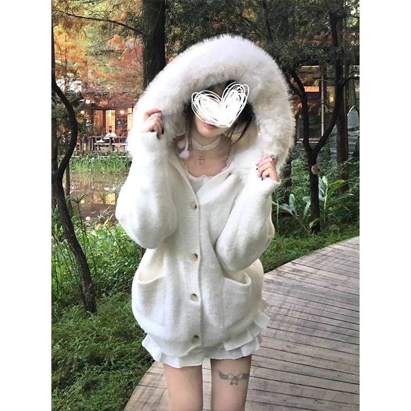 软糯毛衣外套女秋冬纯色百搭外穿显瘦洋气设计感口袋毛领针织开衫|undefined