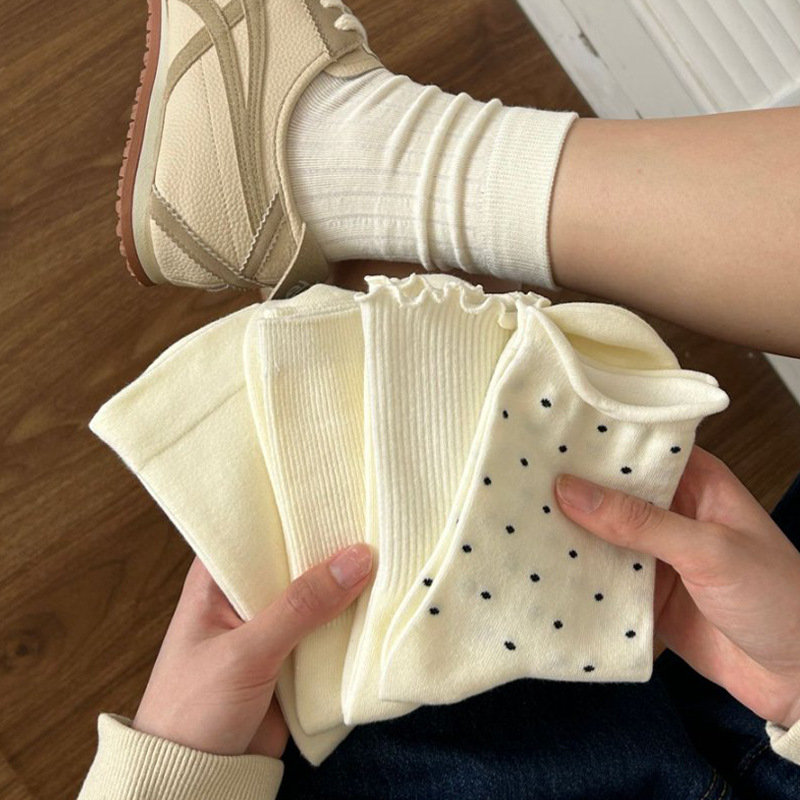 Korean Style Wood Ear Edge Wave Point Socks Women's Ins Trendy Mid-Autumn Socks Solid Color Spring and Summer Japanese Style Ballet Style Mid-Autumn Socks Sweet