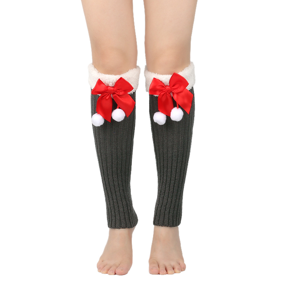 Filato con nodo a farfalla con calze di Natale di peluche per donna, calzini caldi in pile lavorato a maglia, protezioni per le gambe, calzini di lana per la bocca_voghion.com